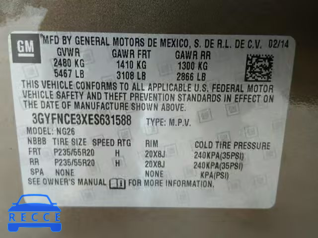 2014 CADILLAC SRX PERFOR 3GYFNCE3XES631588 image 9