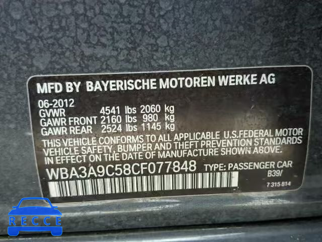 2012 BMW 335I WBA3A9C58CF077848 Bild 9
