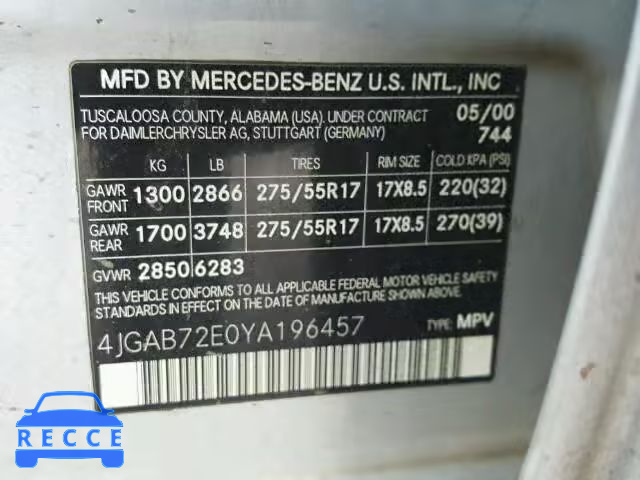 2000 MERCEDES-BENZ ML430 4JGAB72E0YA196457 image 9