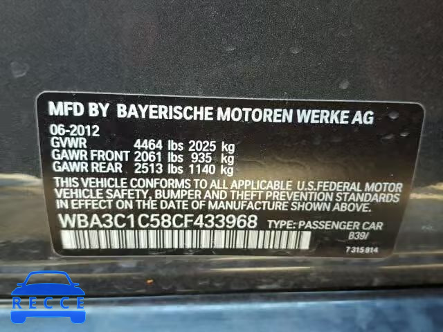 2012 BMW 328I SULEV WBA3C1C58CF433968 зображення 9