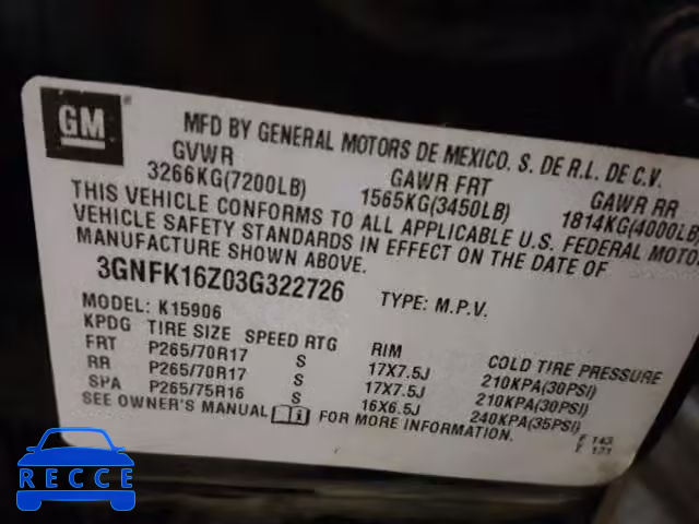 2003 CHEVROLET SUBURBAN 3GNFK16Z03G322726 image 9