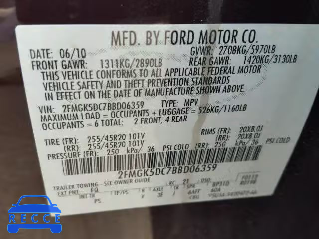 2011 FORD FLEX LIMIT 2FMGK5DC7BBD06359 Bild 9