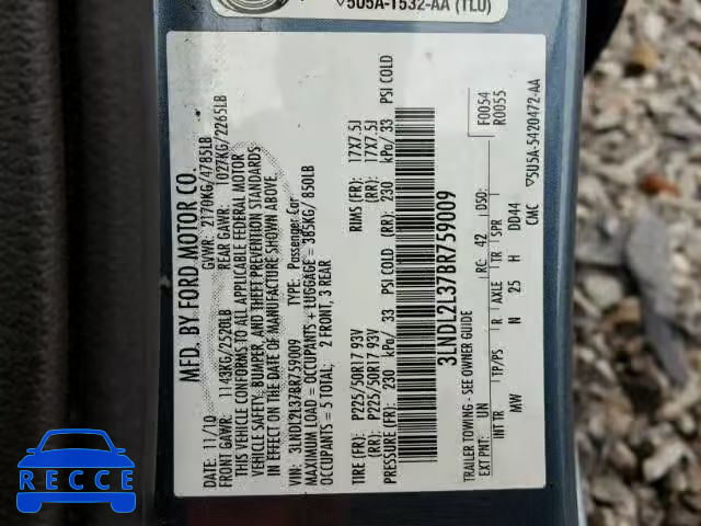 2011 LINCOLN MKZ HYBRID 3LNDL2L37BR759009 image 9