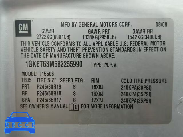 2008 GMC ENVOY DENA 1GKET63M582255990 image 9