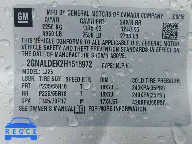 2017 CHEVROLET EQUINOX PR 2GNALDEK2H1518972 image 9