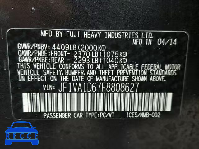 2015 SUBARU WRX PREMIU JF1VA1D67F8808627 Bild 9