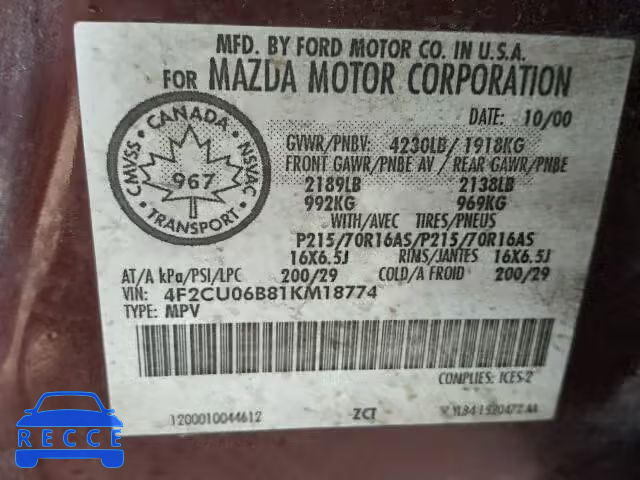 2001 MAZDA TRIBUTE DX 4F2CU06B81KM18774 image 9