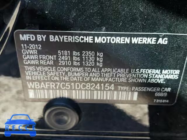 2013 BMW 535I WBAFR7C51DC824154 зображення 9