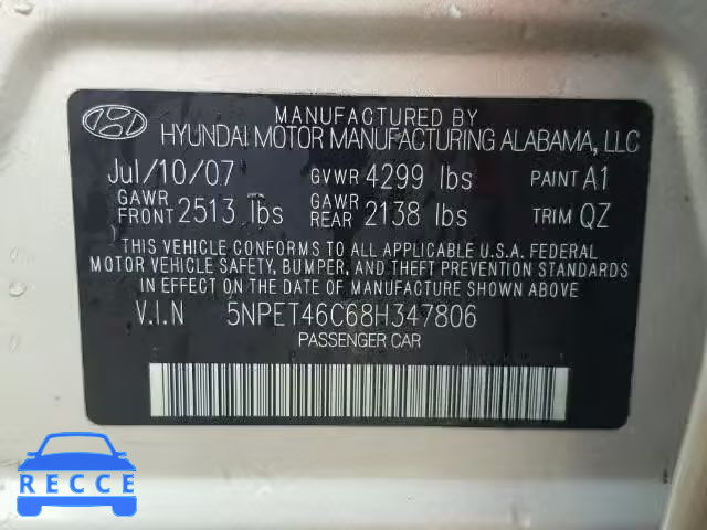 2008 HYUNDAI SONATA 5NPET46C68H347806 image 9