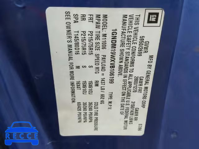 1997 CHEVROLET ASTRO VAN 1GNDM19WXVB106199 image 9