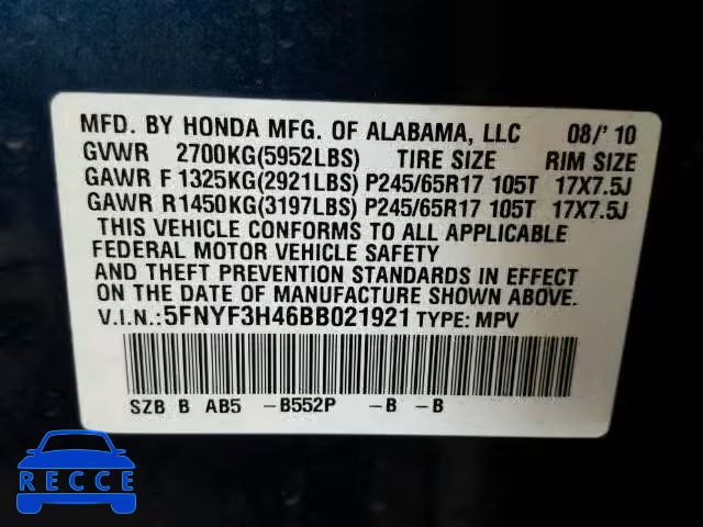 2011 HONDA PILOT EX 5FNYF3H46BB021921 image 9