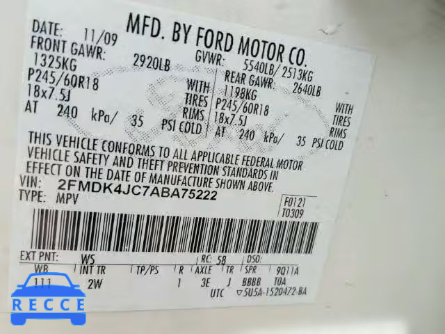 2010 FORD EDGE SEL A 2FMDK4JC7ABA75222 image 9