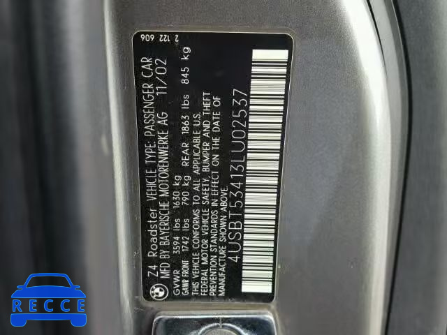 2003 BMW Z4 3.0I 4USBT53413LU02537 image 9