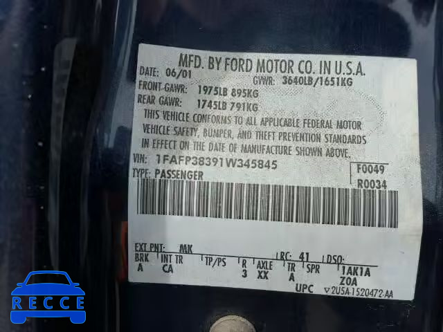 2001 FORD FOCUS ZTS 1FAFP38391W345845 image 9