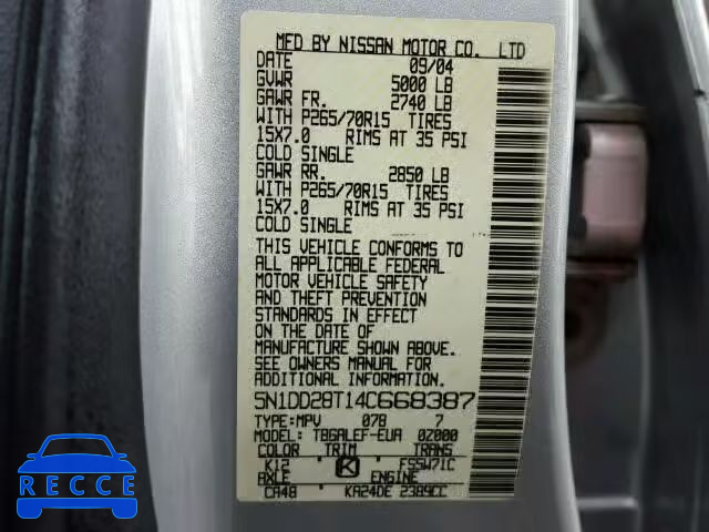 2004 NISSAN XTERRA XE 5N1DD28T14C668387 image 9