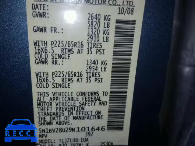 2009 NISSAN QUEST S/SE 5N1BV28U29N101646 Bild 9