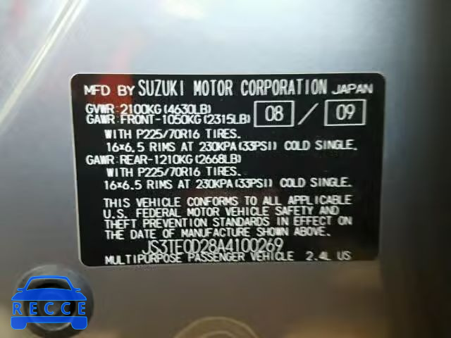 2010 SUZUKI GRAND VITA JS3TE0D28A4100269 Bild 9