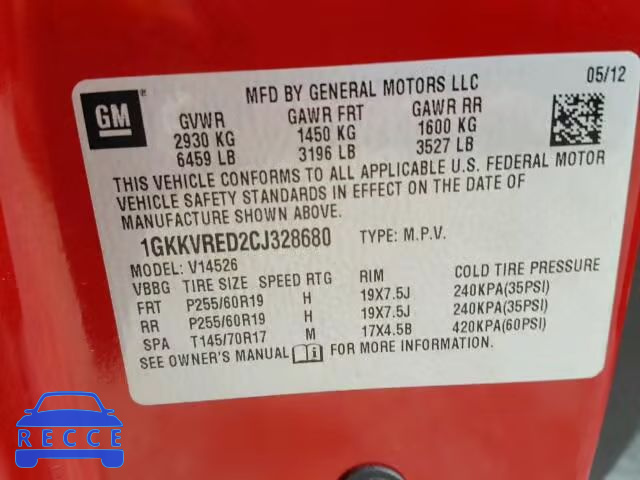 2012 GMC ACADIA SLT 1GKKVRED2CJ328680 image 9