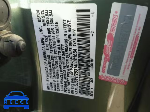 2004 HONDA ELEMENT LX 5J6YH28314L021654 image 9