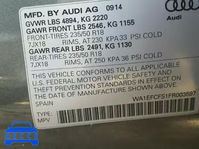 2015 AUDI Q3 2.0T PR WA1EFCFS1FR003597 image 9