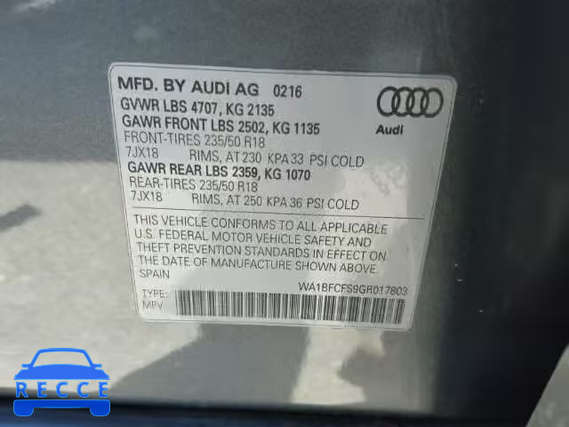 2016 AUDI Q3 2.0T PR WA1BFCFS9GR017803 image 9