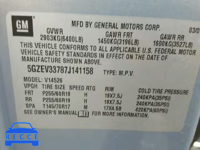 2007 SATURN OUTLOOK XR 5GZEV33787J141158 Bild 9