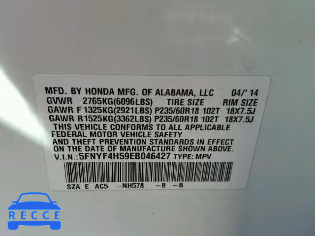 2014 HONDA PILOT EXL 5FNYF4H59EB046427 image 9