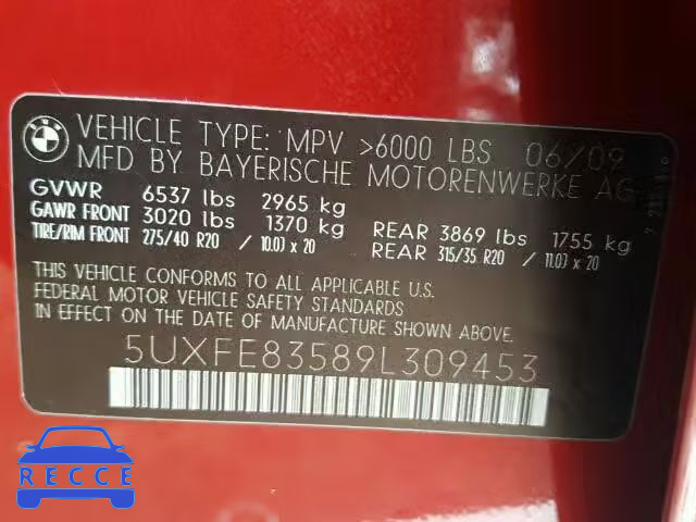 2009 BMW X5 XDRIVE4 5UXFE83589L309453 Bild 9