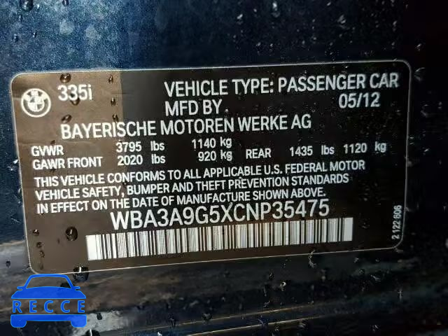2012 BMW 335I WBA3A9G5XCNP35475 зображення 9