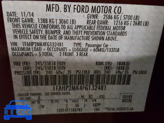 2015 FORD TAURUS INT 1FAHP2MK4FG132481 Bild 9