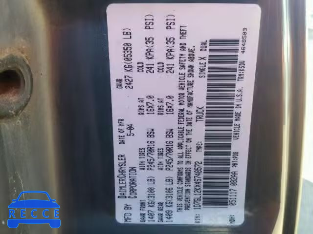 2004 DODGE DAKOTA SXT 1D7GL12KX4S748572 image 9