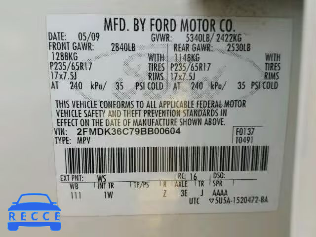 2009 FORD EDGE SE 2FMDK36C79BB00604 image 9