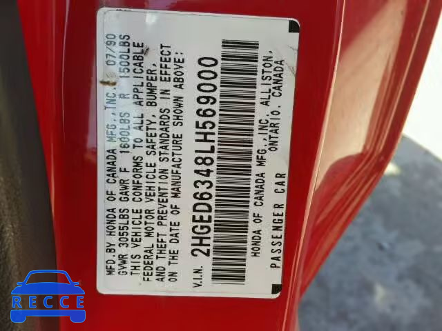 1990 HONDA CIVIC 2HGED6348LH569000 image 9