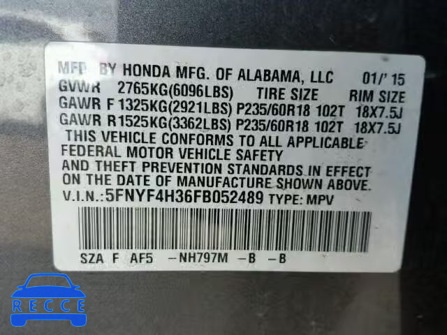 2015 HONDA PILOT SE 5FNYF4H36FB052489 image 9