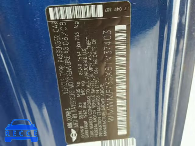 2008 MINI COOPER S WMWMF735X8TV37403 image 9