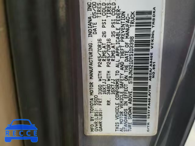 2000 TOYOTA TUNDRA 5TBJN3210YS103398 image 9