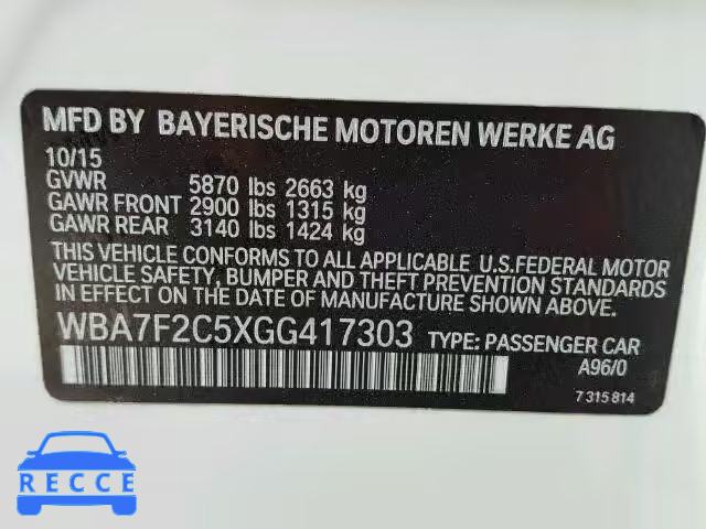2016 BMW 750I XDRIV WBA7F2C5XGG417303 image 9