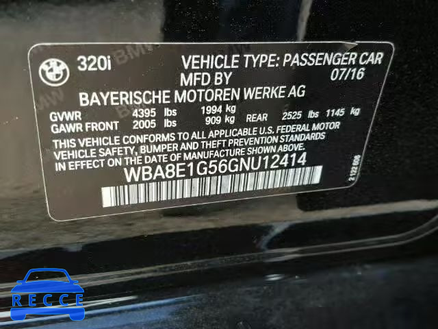 2016 BMW 320I WBA8E1G56GNU12414 зображення 9