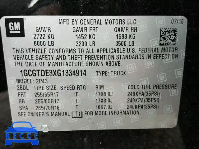 2016 CHEVROLET COLORADO Z 1GCGTDE3XG1334914 image 9