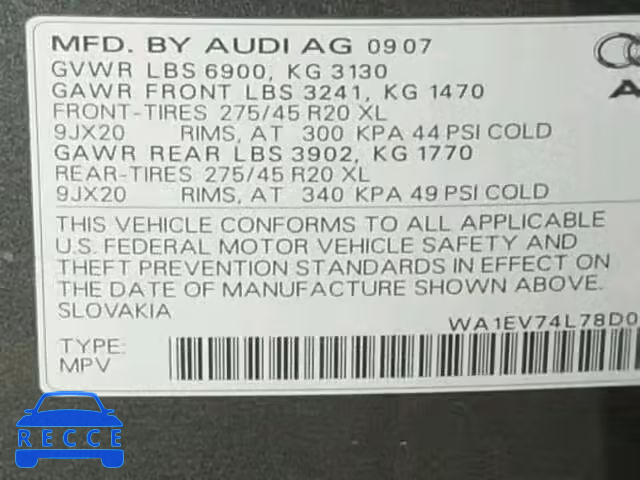 2008 AUDI Q7 4.2 QUA WA1EV74L78D020202 image 9