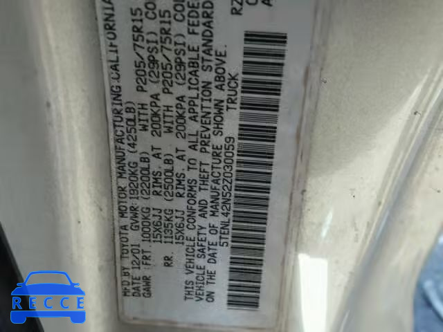 2002 TOYOTA TACOMA 5TENL42N52Z030059 image 9