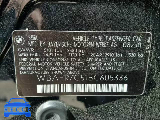 2011 BMW 535I WBAFR7C51BC605336 зображення 9