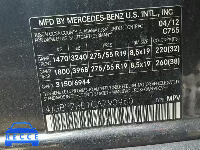 2012 MERCEDES-BENZ GL450 4 MA 4JGBF7BE1CA793960 Bild 9