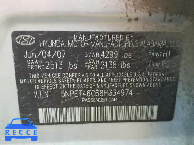 2008 HYUNDAI SONATA 5NPET46C68H334974 image 9