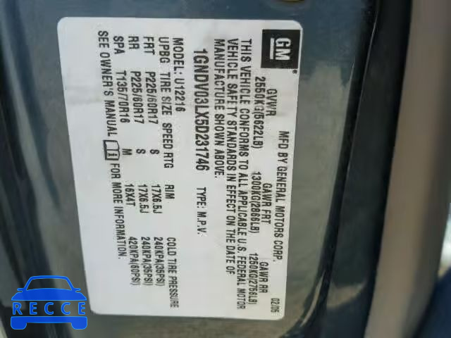 2005 CHEVROLET UPLANDER 1GNDV03LX5D231746 зображення 9