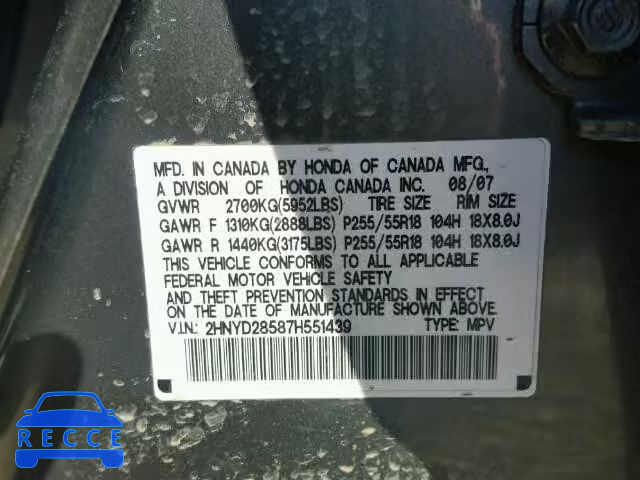 2007 ACURA MDX SPORT 2HNYD28587H551439 image 9