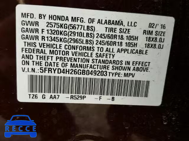 2016 ACURA MDX 5FRYD4H26GB049203 image 9