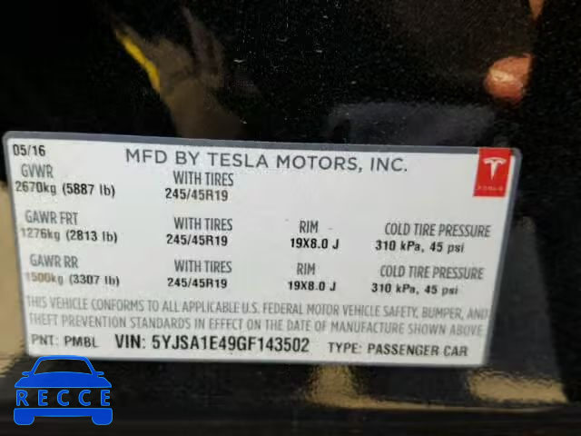 2016 TESLA MODEL S 5YJSA1E49GF143502 зображення 9