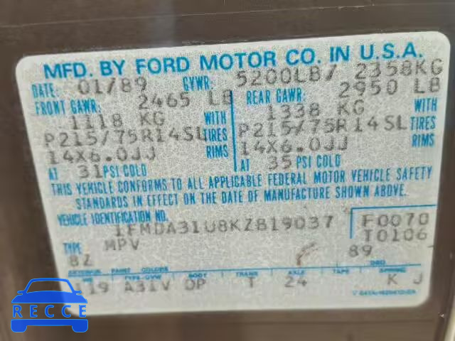 1989 FORD AEROSTAR 1FMDA31U8KZB19037 зображення 9