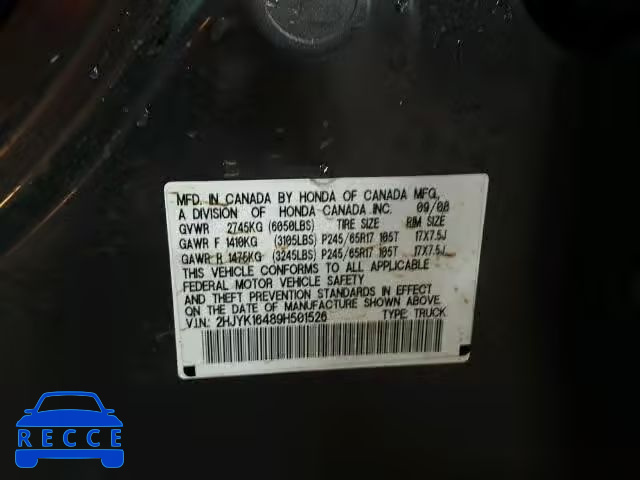 2009 HONDA RIDGELINE 2HJYK16489H501526 image 9